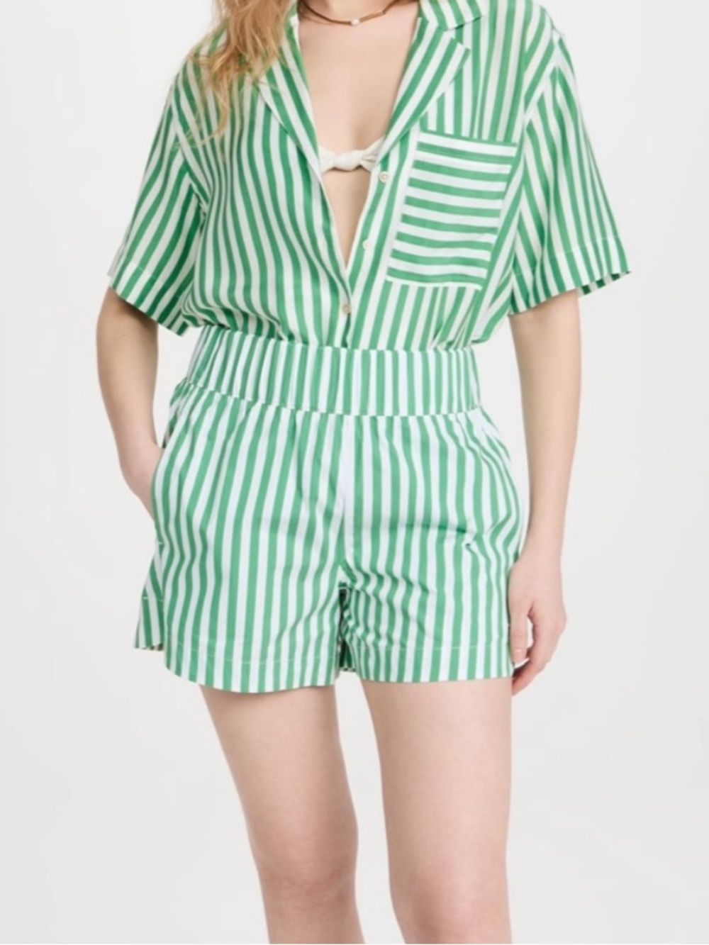 AYR Staycation Shorts Romaine Green White Stripe Cotton Size XL